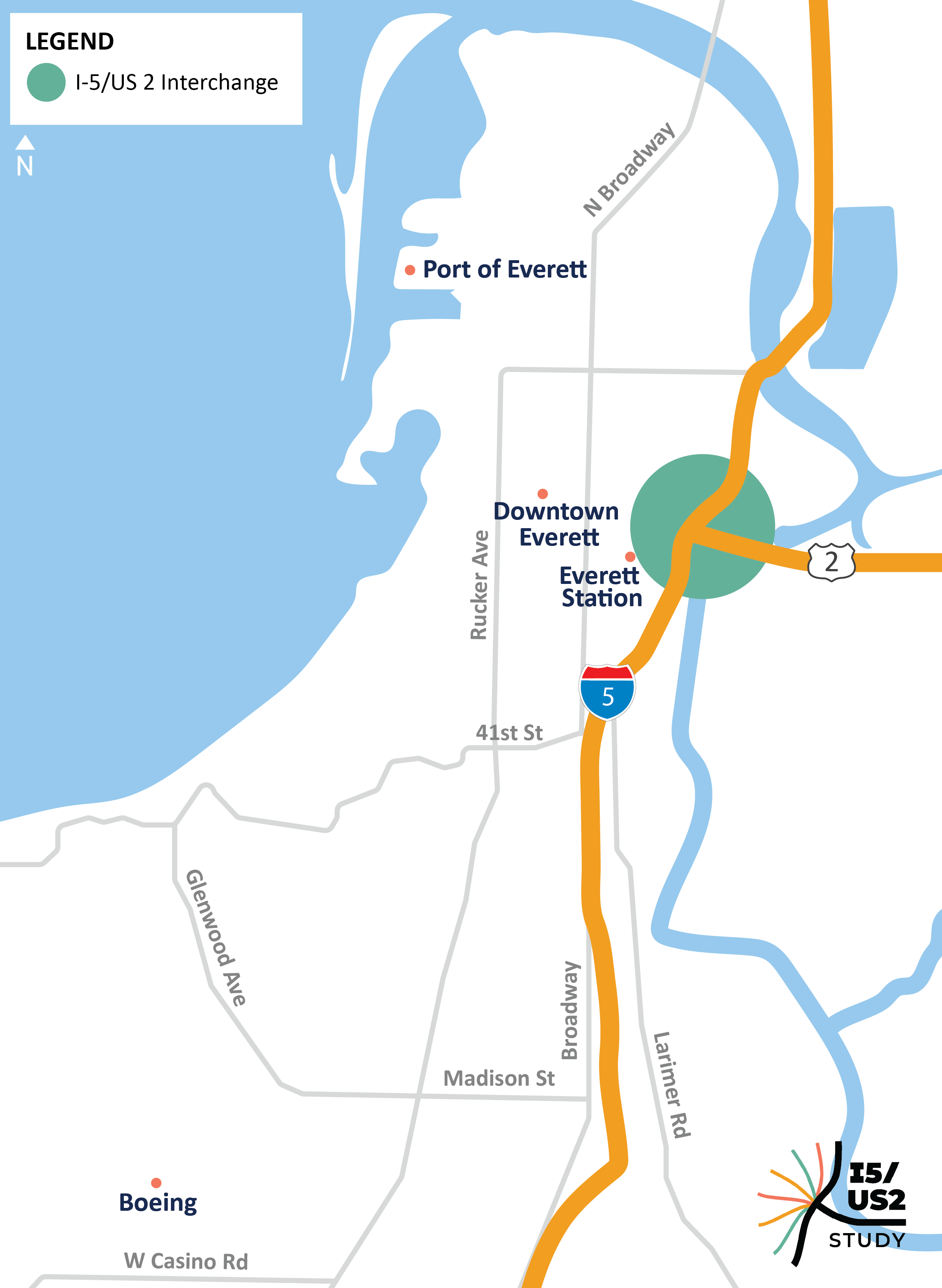 Map of Everett that shows where the I-5 and US 2 Interchange meet.